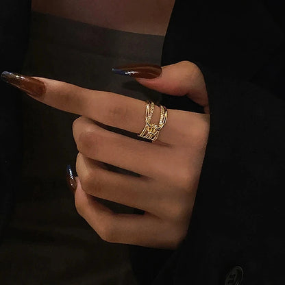 Irregular Hollow Opening Rings For Women Shiny Zircon Gold Color Copper Geometric Ring Fashion Simple Party Jewelry Gift