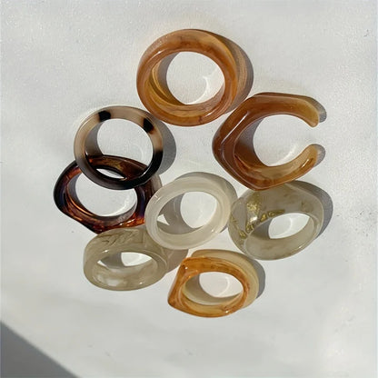 9-piece Bohemian retro style resin material multi-color ring, fashionable and elegant for women, can be stacked and worn